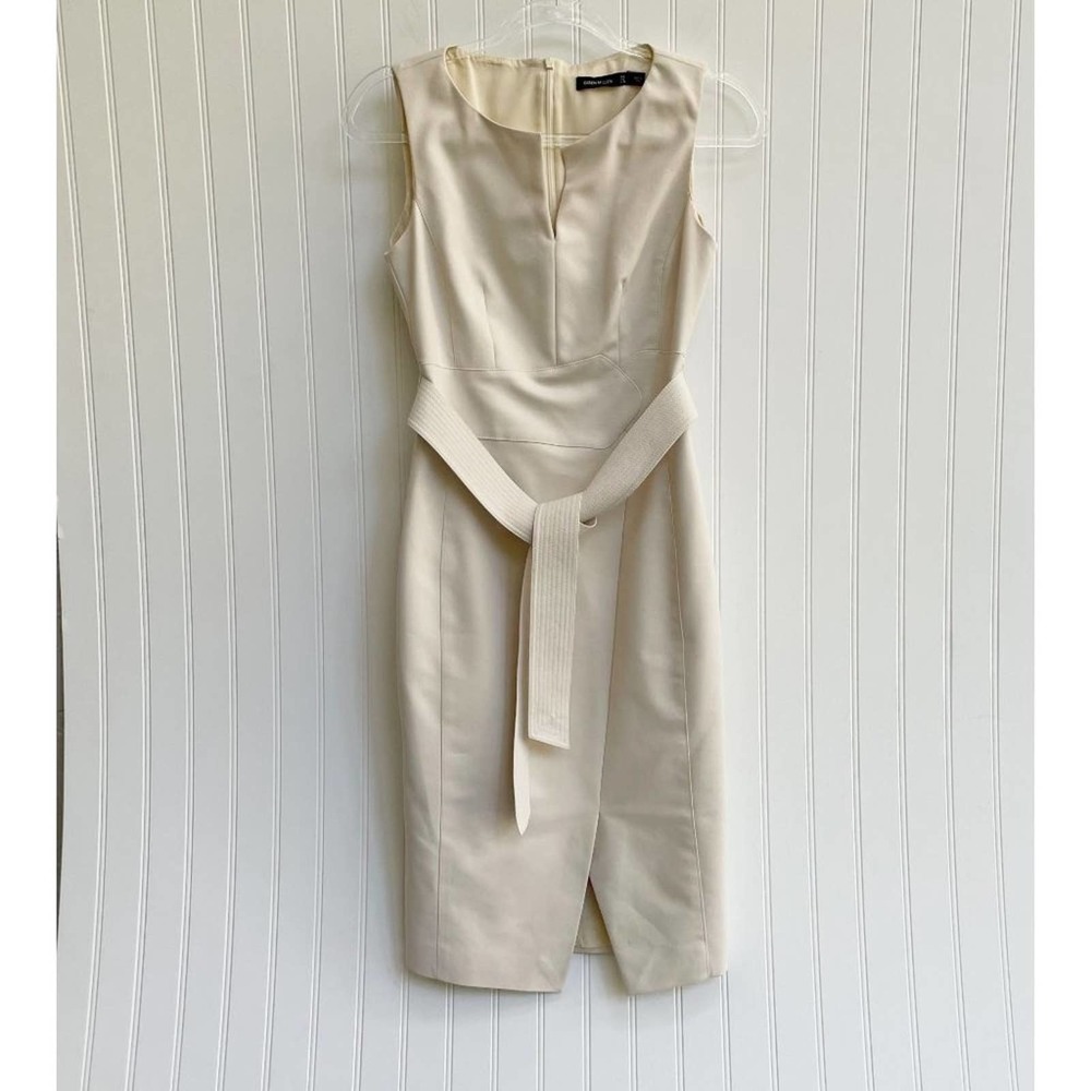 Karen Millen Dress Cocktail Pencil Sheath Belted Ivory Stretch V Neck
